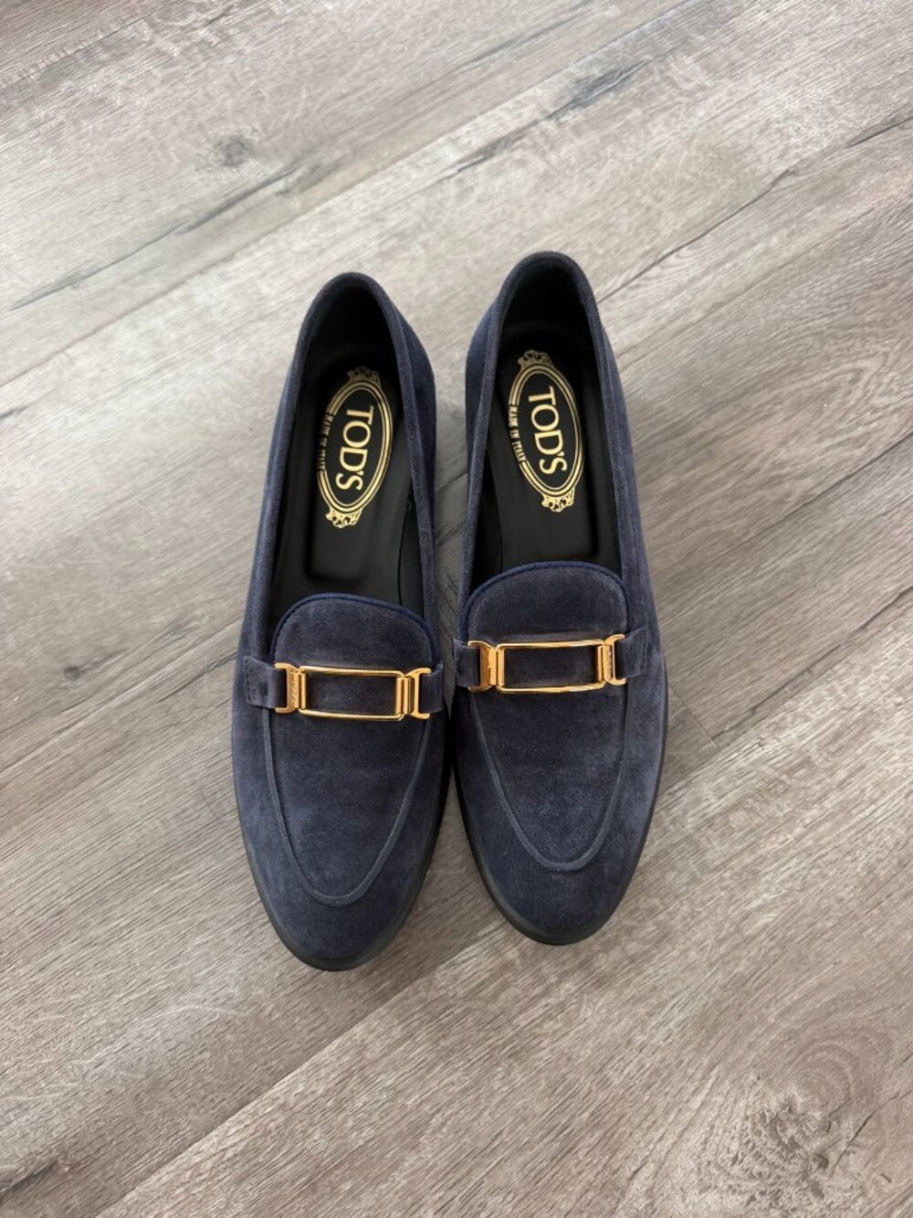 Tod's Navy Suede Loafers with Gold Buckle – EU 38